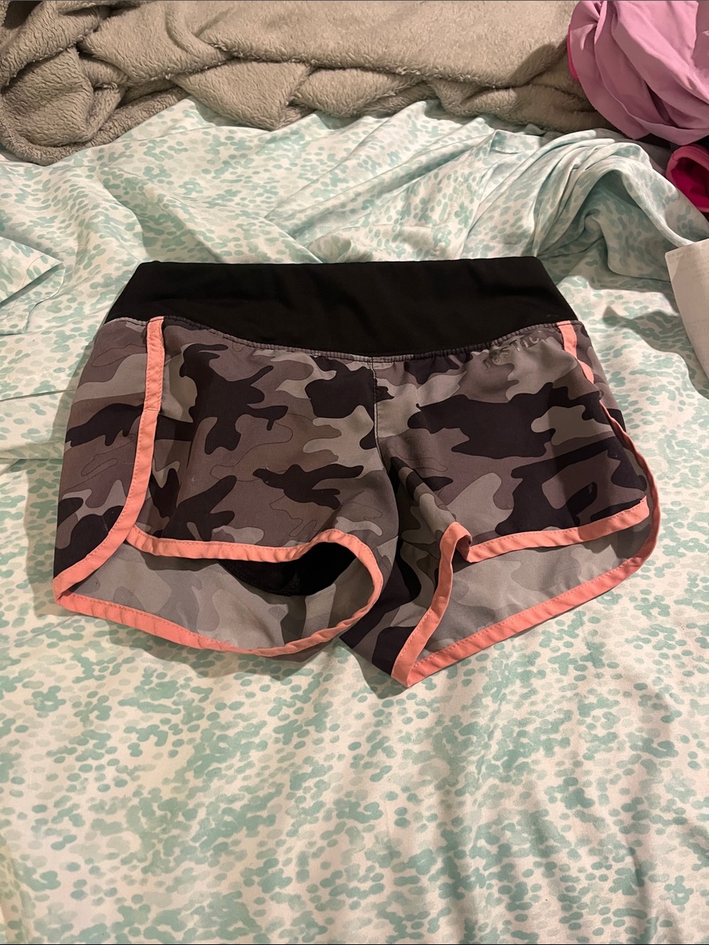 Camo Print Women's Athletic Shorts with Pink Trim